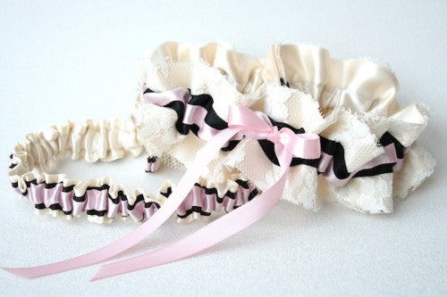 Ivory Lace Custom Wedding Garter Set with Pink and Black Details 