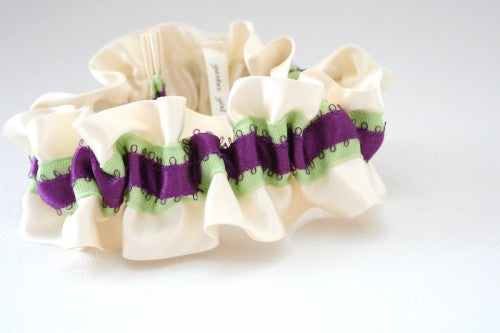 Stylish Ivory Satin Wedding Garter with Purple and Green Details