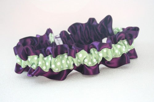 Purple Satin Wedding Garter with Green and White Polka Dots