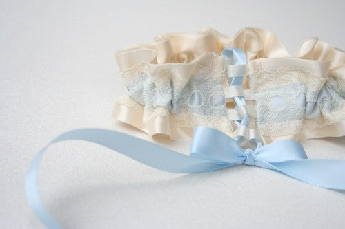 Couture Something Blue Wedding Garter with Satin Lace and Bows