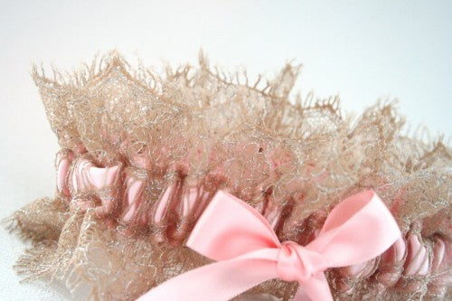 Champagne Lace and Pink Ribbon Wedding Garter