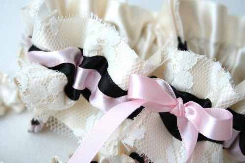 Ivory Lace Wedding Garter with Black and Pink Center Stripes and Pink Bow