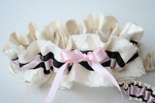 Stylish Ivory Pink and Black Custom Wedding Garter Set