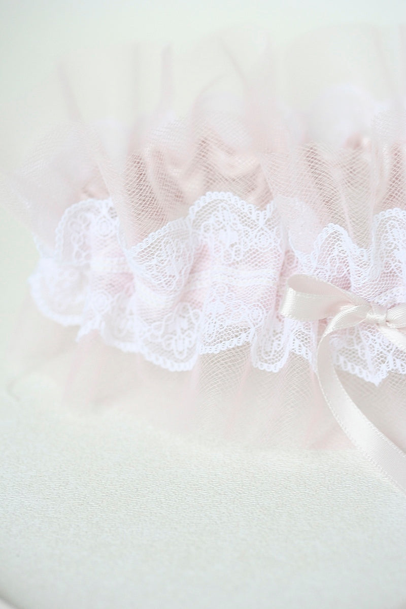 custom wedding garter with blush tulle and ivory lace