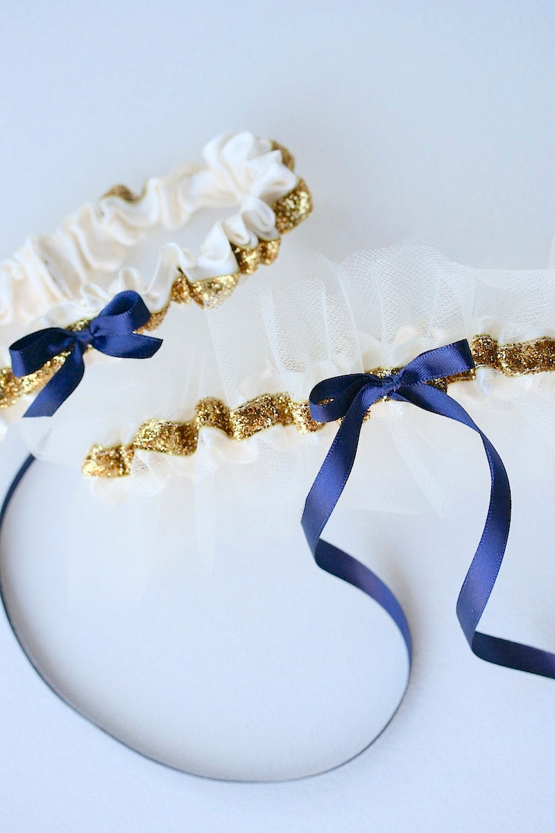 gold, navy blue personalized wedding garter set with tulle