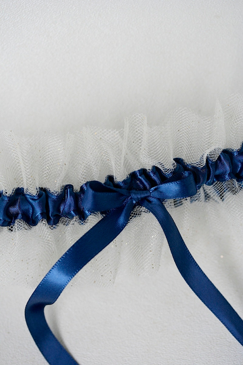 custom wedding garter with gold tulle and dark blue