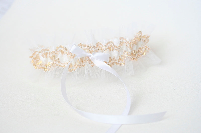 custom bridal garter withe tulle and gold lace