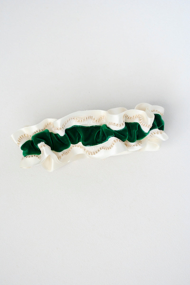 ivory, emerald velvet and gold tipped lace wedding garter
