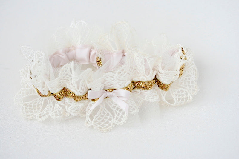 heirloom lace, gold glitter and blush wedding garter