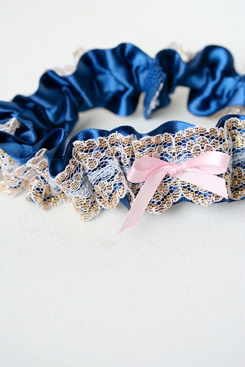 custom wedding garter with gold lace, navy blue and light pink