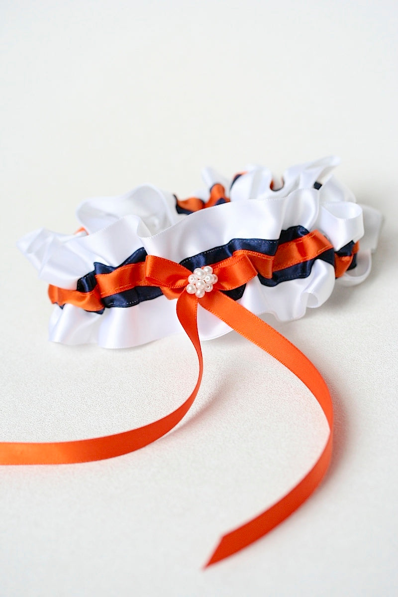 white, navy blue, orange custom wedding garter with pearls