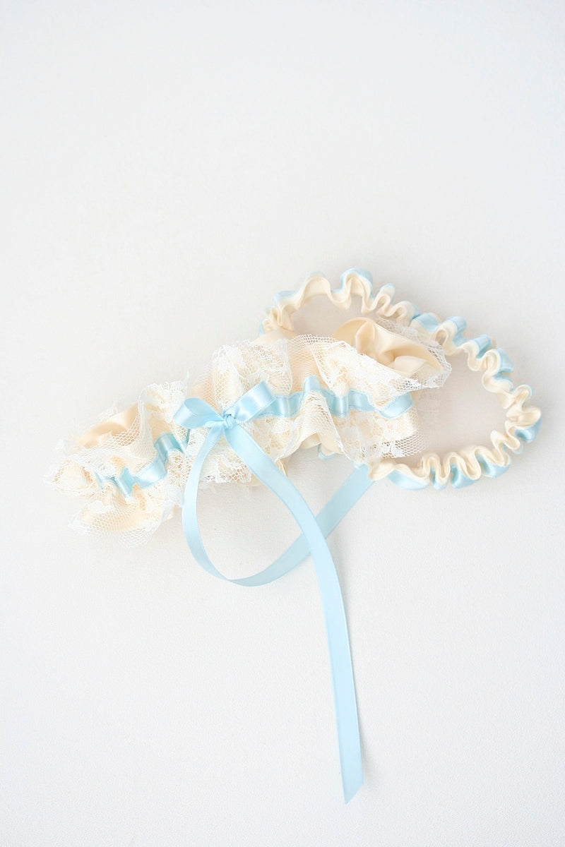 blue and ivory wedding garter set