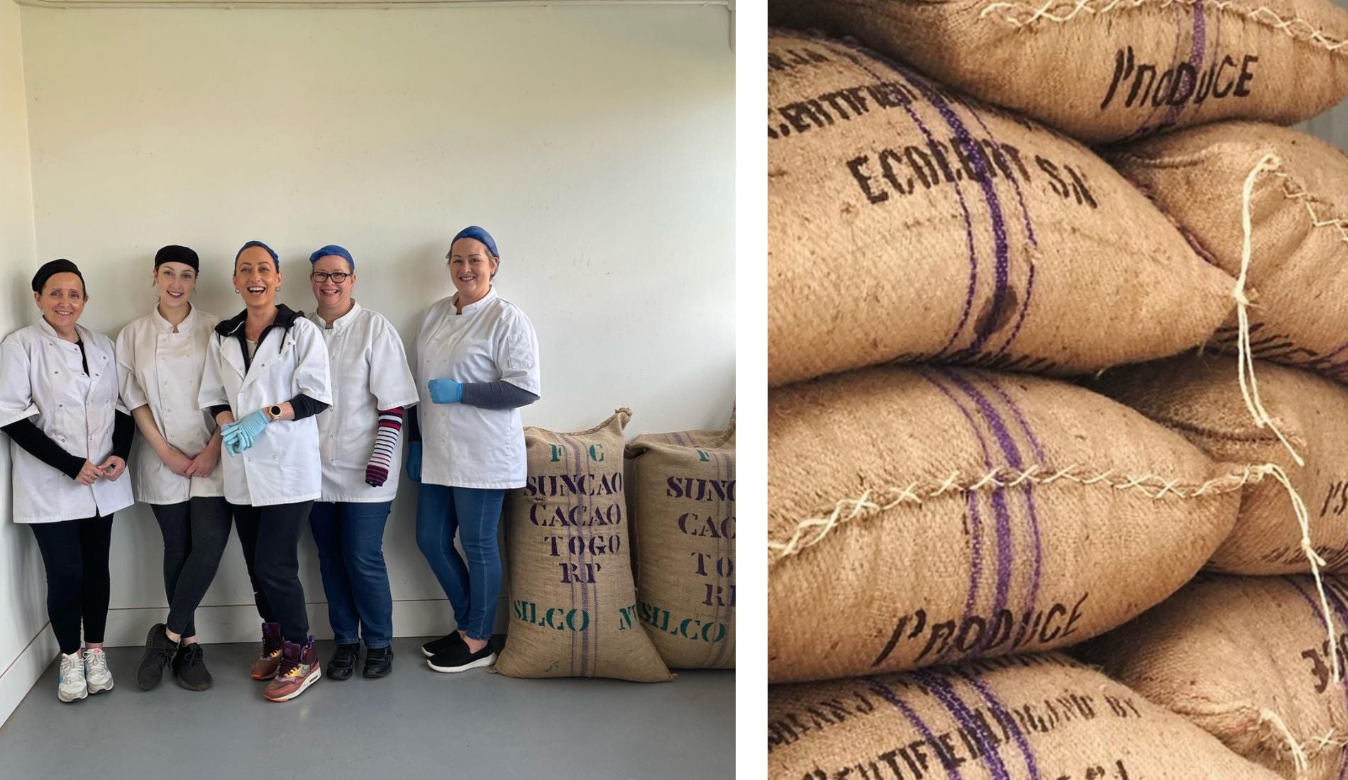Our Craft Chocolate Making Team in the Factory next to burlap sacks full of cocoa beans