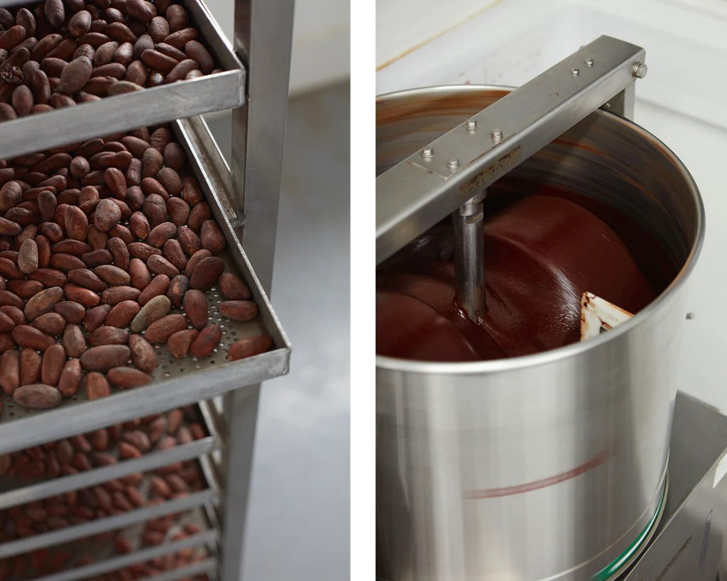 cocoa beans on a roasting tray and conch machine churning at Pump Street Factory as white chocolate is made