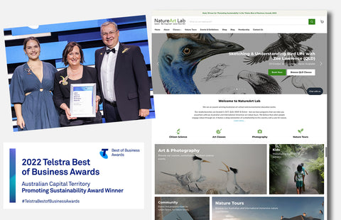 natureart lab team accepting award, and a screenshot of new website design