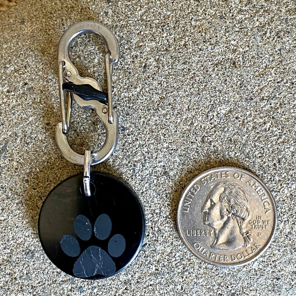 Shungite Disk With Engraved Paw, Pet Charm, Carabiner Clip for Collar