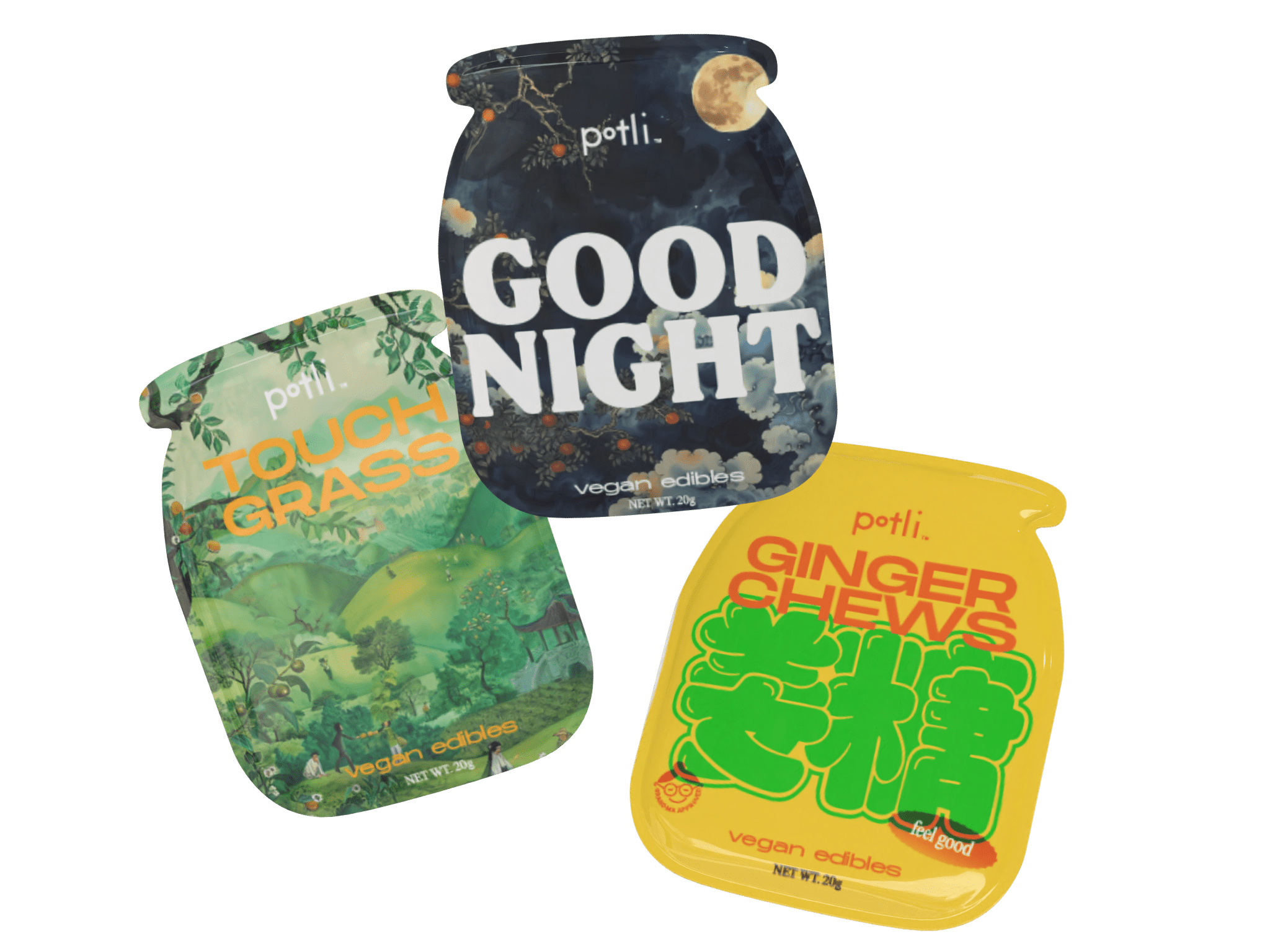Three colorful pouches of vegan edibles labeled 'TOUCH GRASS,' 'GOOD NIGHT,' and 'GINGER CHEWS.'