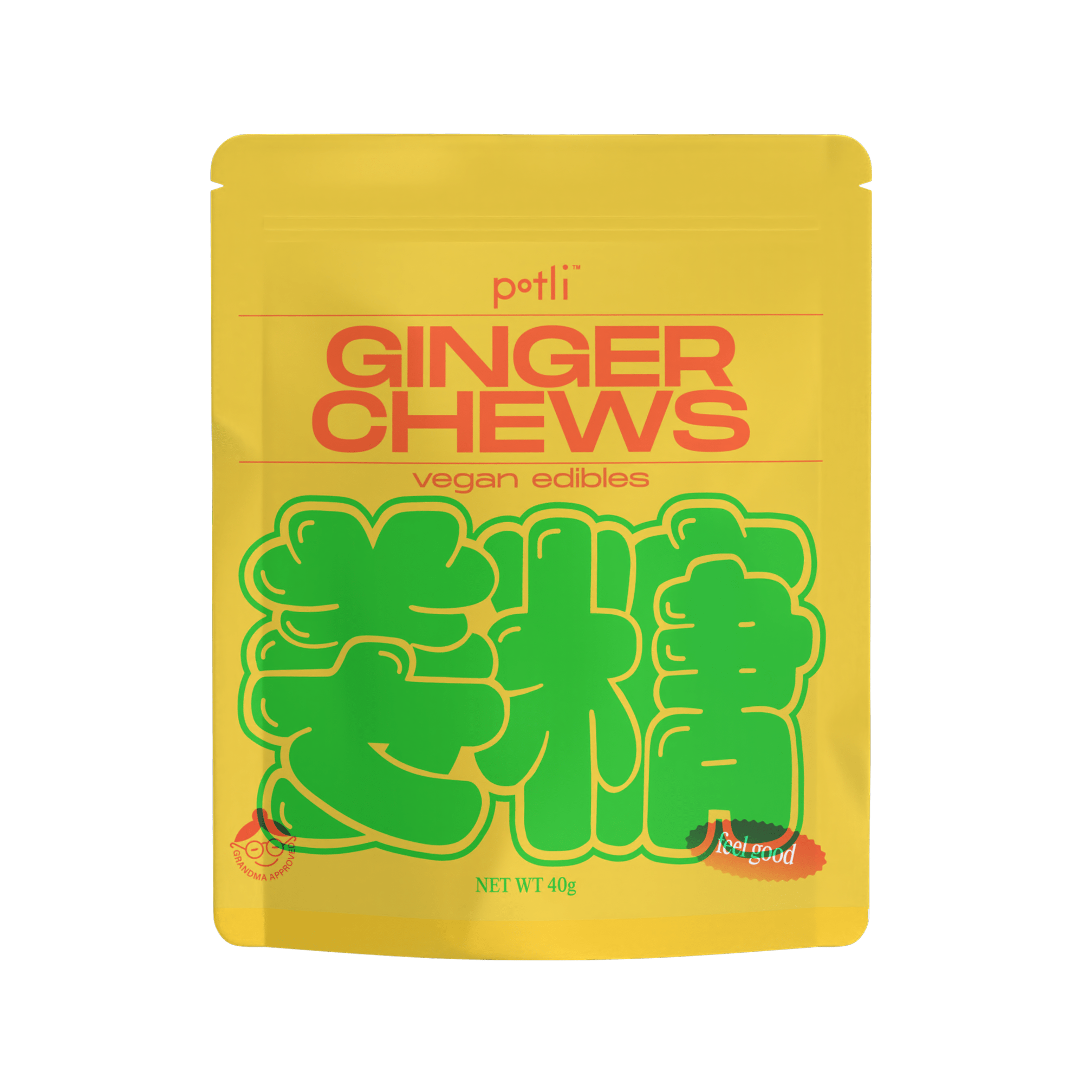 Yellow packaging for 'Potli Ginger Chews' vegan edibles with green design elements.