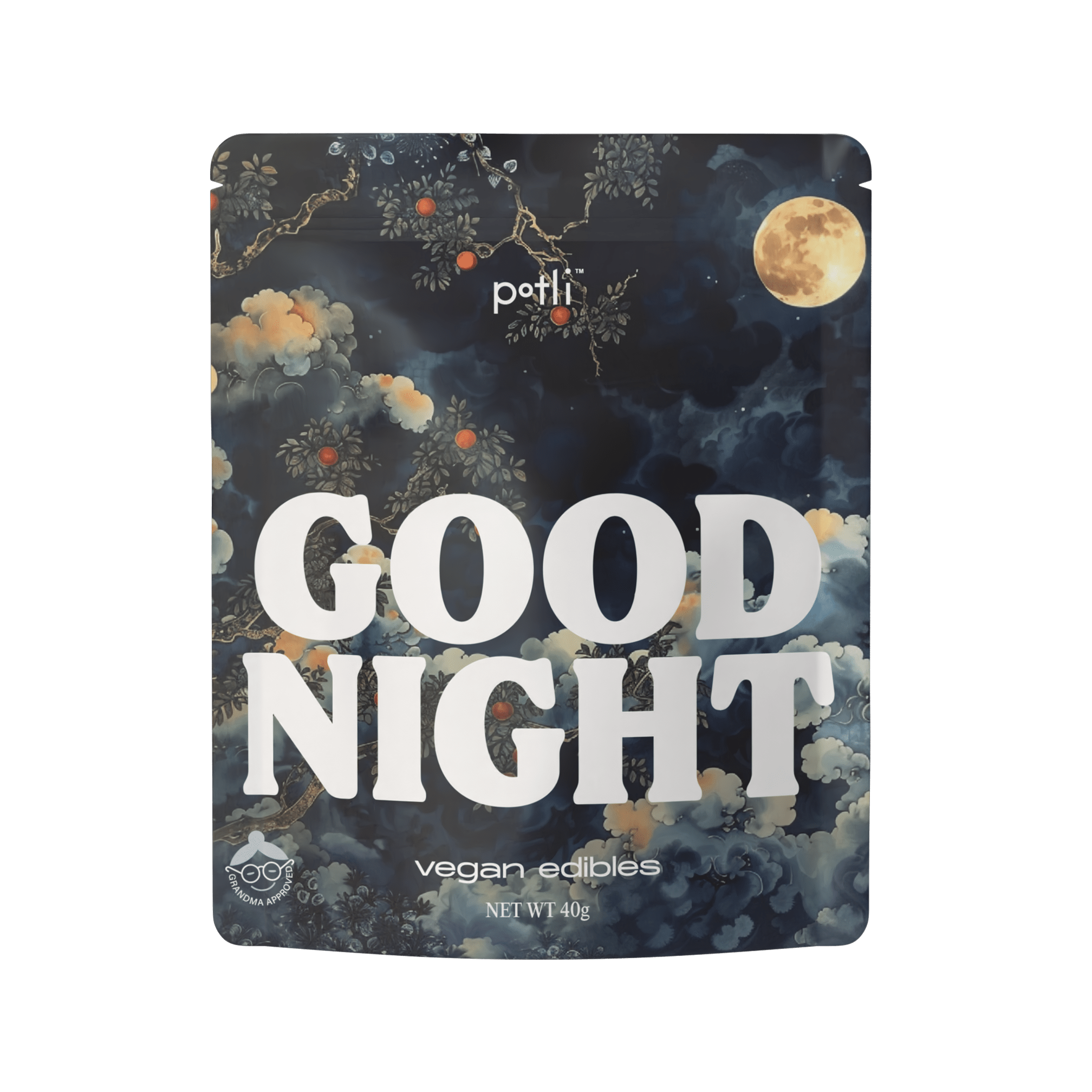 Package design for 'Good Night vegan edibles' with moody, night-time floral and moon graphics.