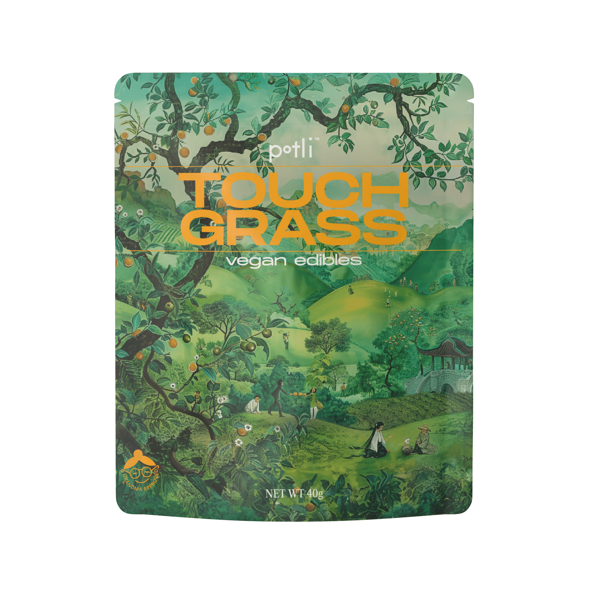 Illustration of a whimsical green landscape on a vegan edible product package, labeled 'TOUCH GRASS'.