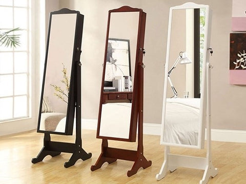 three different coloured framed cheval mirrors