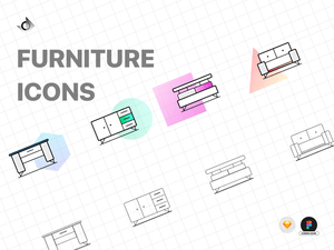 Vector geometric icons for a desk, cabinet, sofa, and bed.