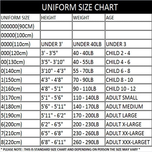 adidas taekwondo size chart