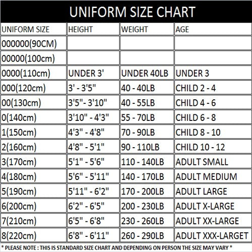adidas taekwondo uniform size chart 