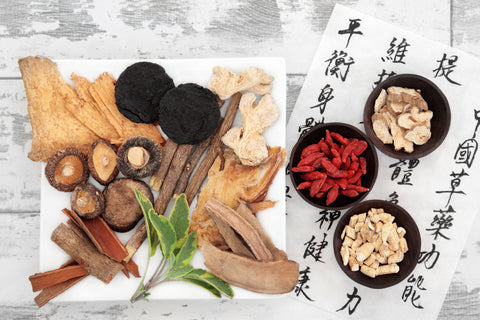 Two pieces of paper on a white, wooden table. On the left piece of paper are a bunch of mushrooms, roots, and herbs. The right piece of paper has Chinese characters written on it, with three brown bowls, each containing either berries or roots.