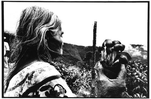 Black and white image of an elderly woman (on left) holding a bunch of mushrooms in her right hand. The background is of a valley with vegetation.  