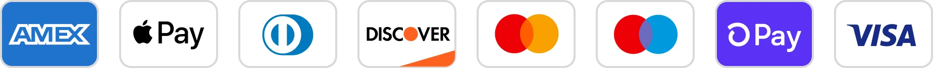 Logos of various payment methods: Amex, Apple Pay, Diners Club, Discover, Mastercard, OPay, and Visa.