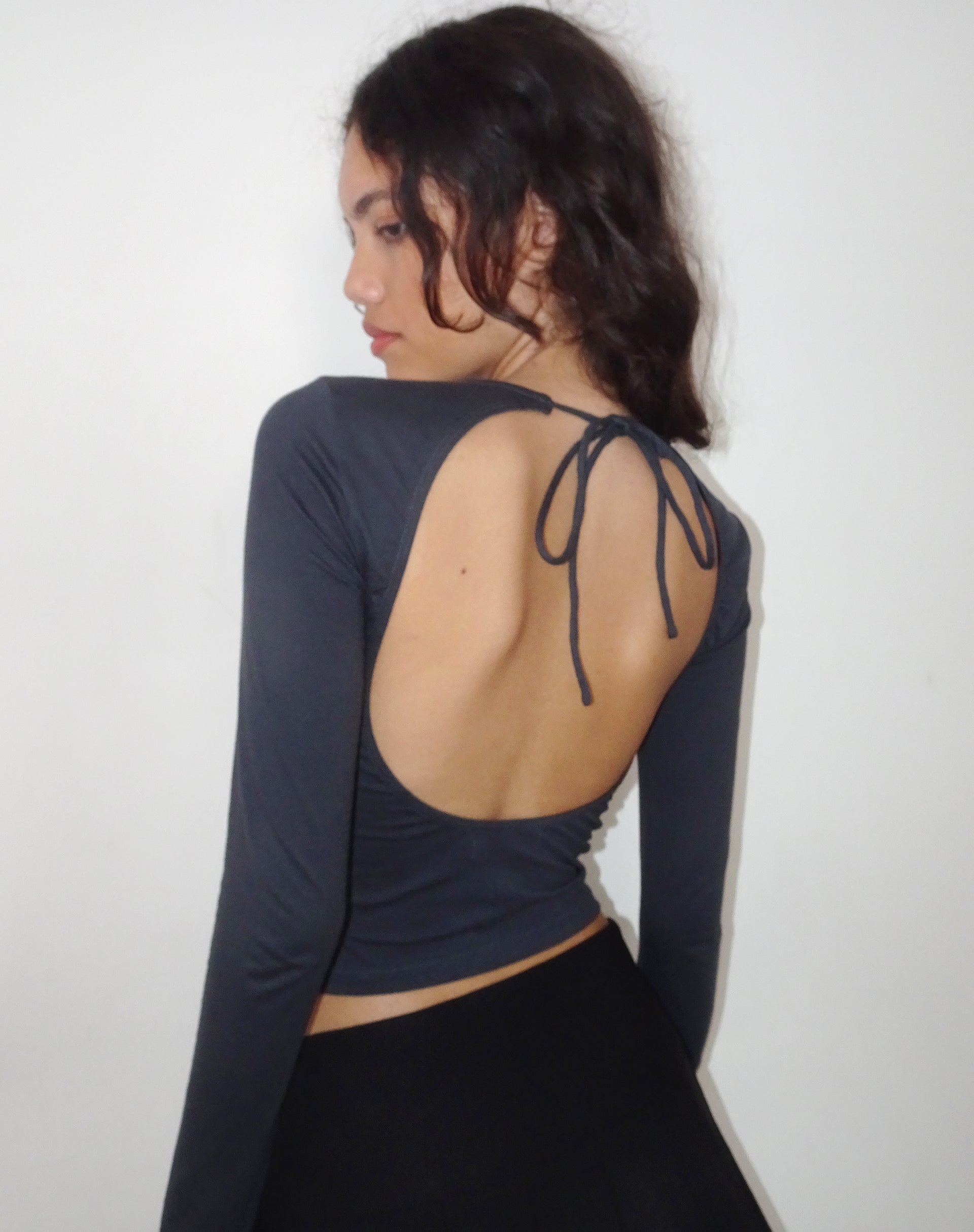 Ratmi Long Sleeve Open Back Top in Ocean Storm