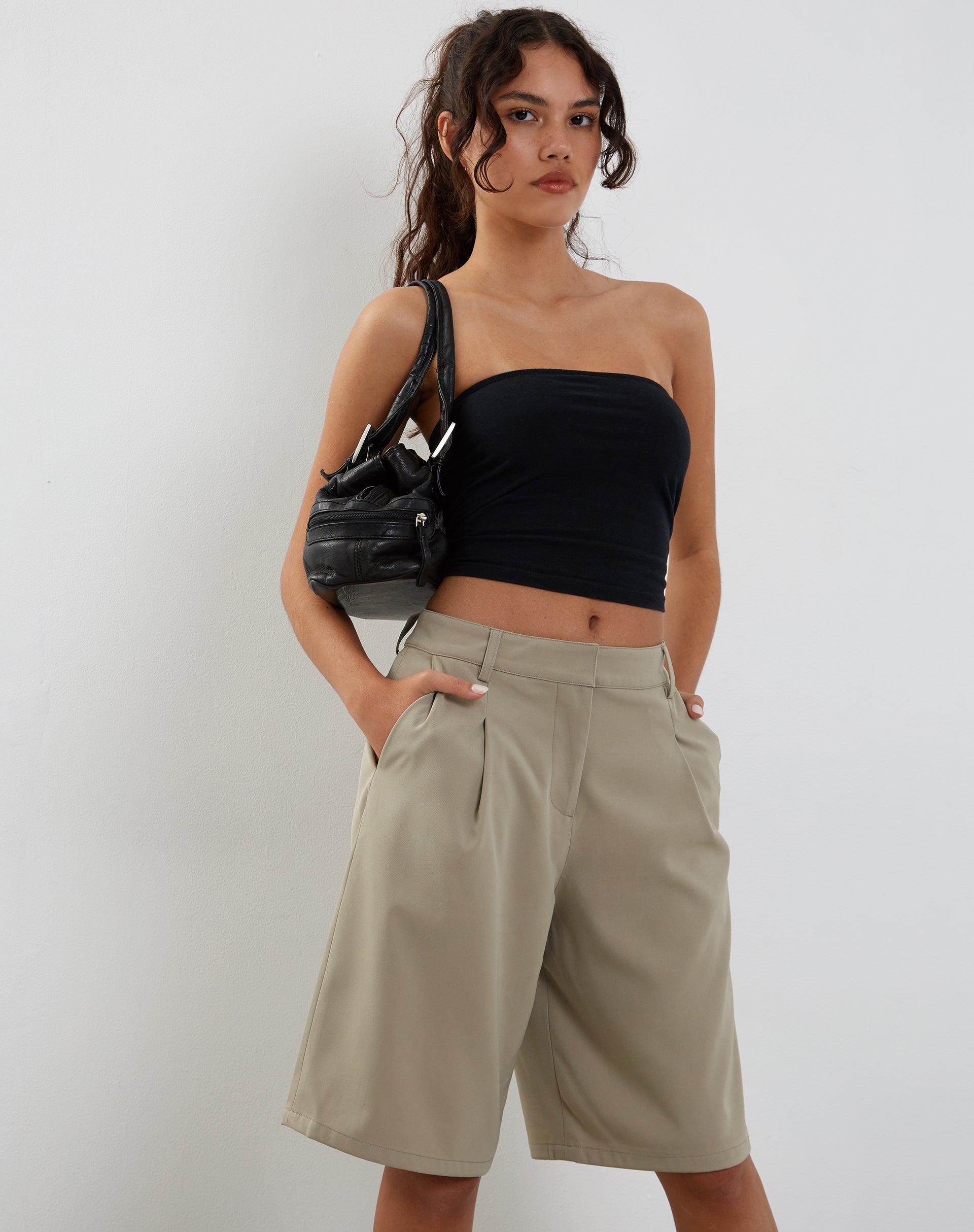 Taupe Tailored Long Line Shorts