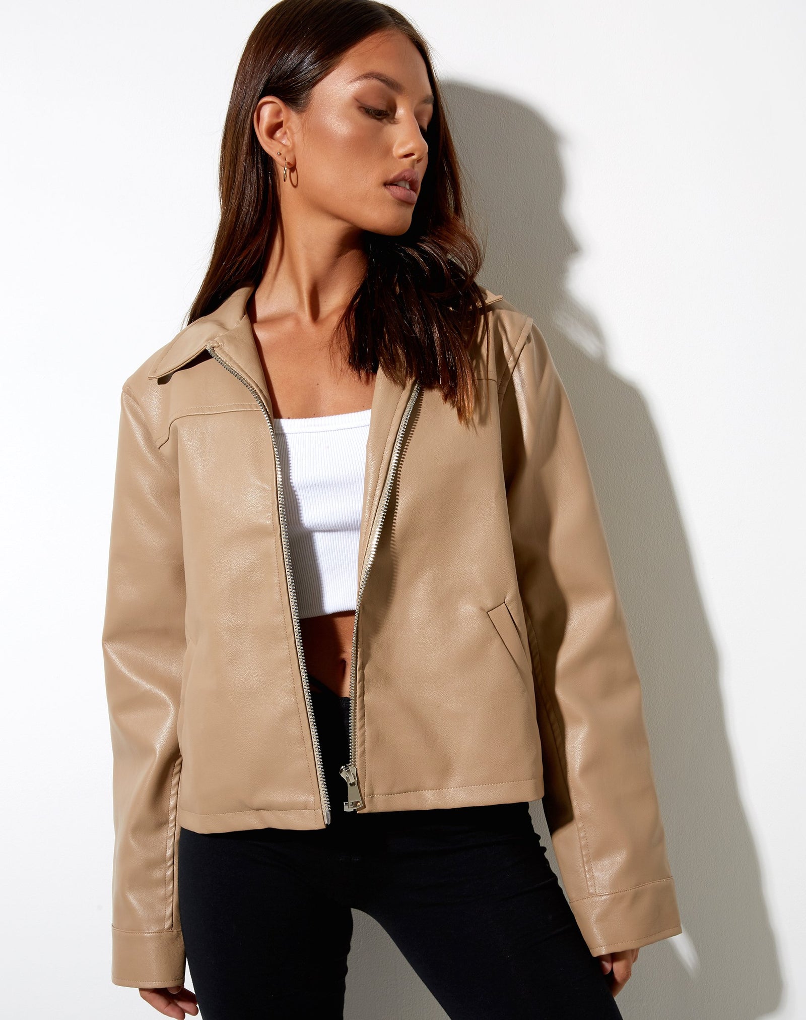 Light Brown PU Leather Zip Up Jacket | Nerissa – motelrocks-com-aus