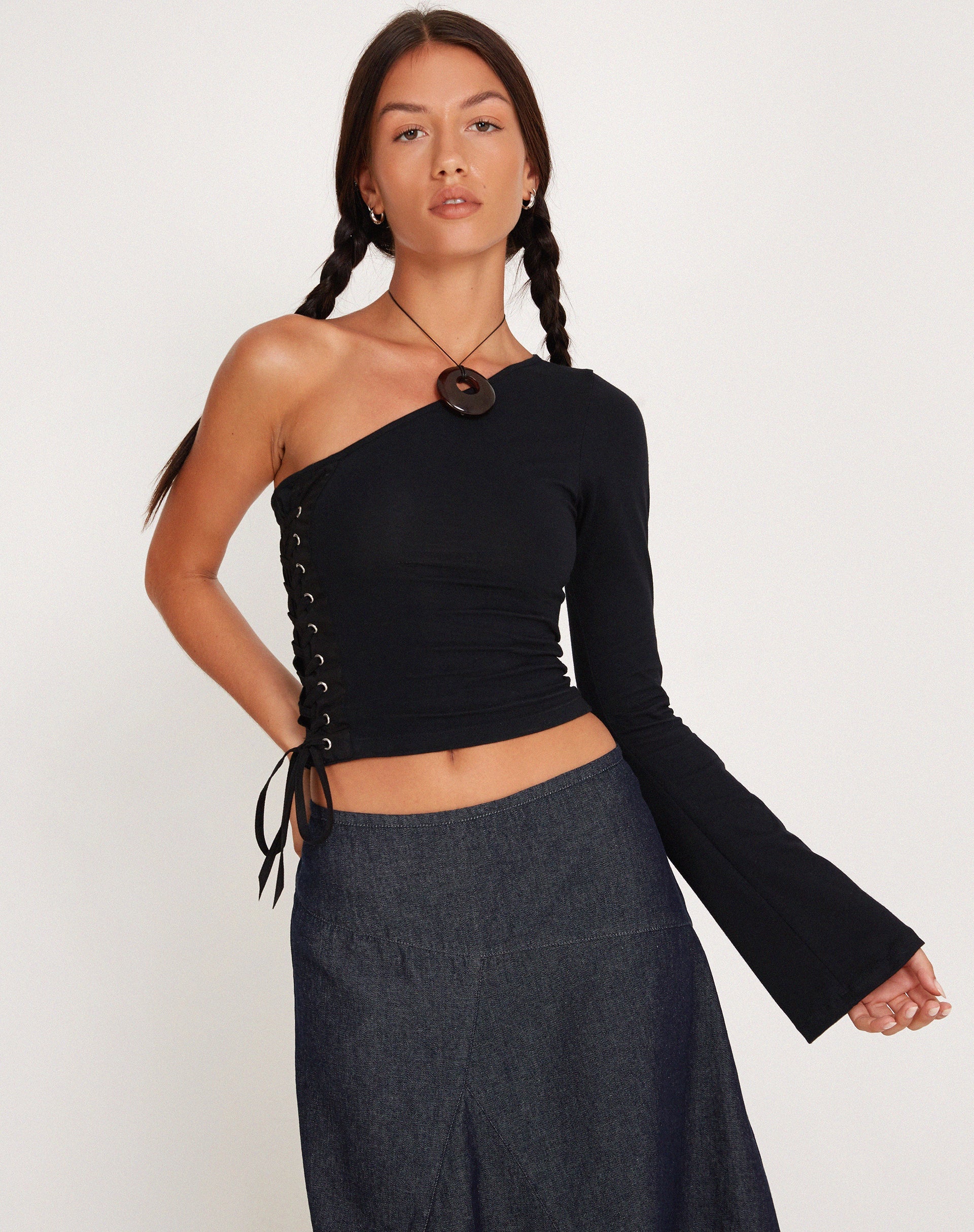 Black One Shoulder Cross Over Long Sleeve Crop Top