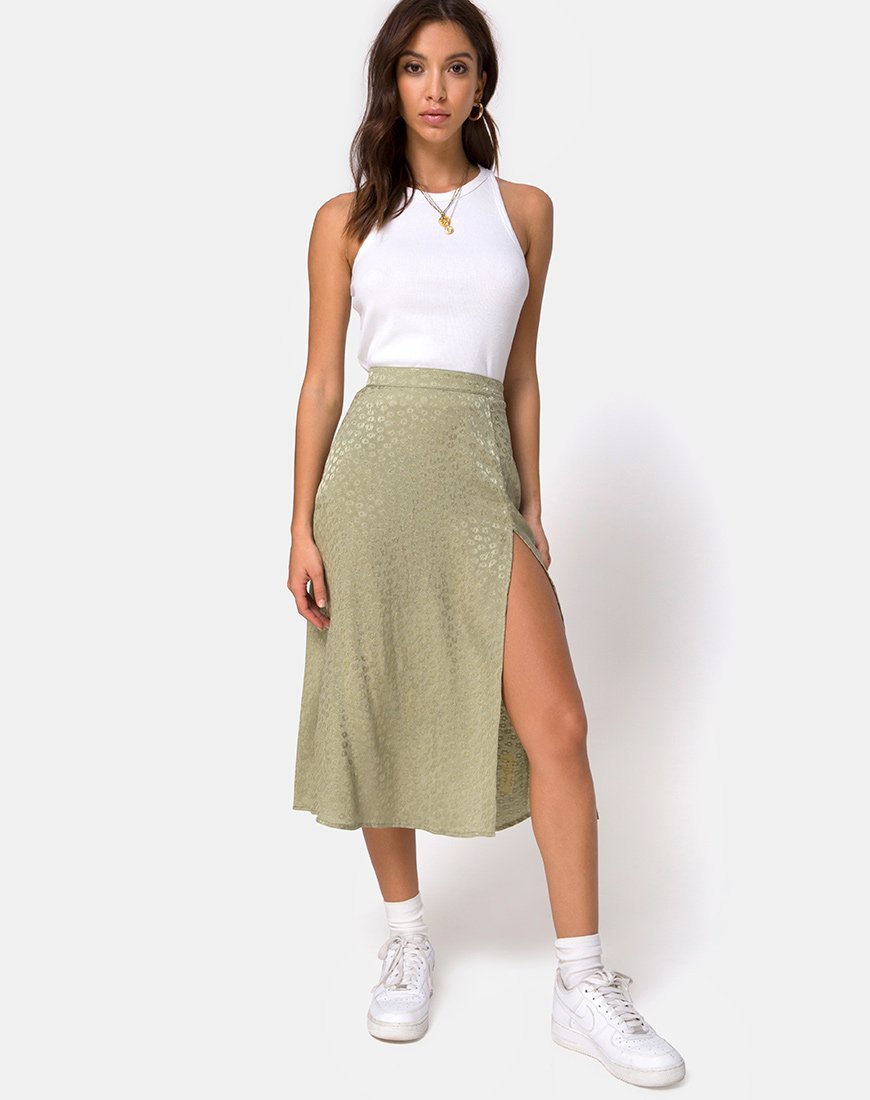 High Waist Satin Sage Green Midi Skirt | Saika – motelrocks-com-aus