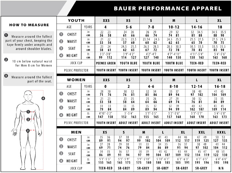 Bauer Performance Apparel Sizing Chart