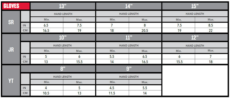 CCM Hockey Gloves Sizing Chart