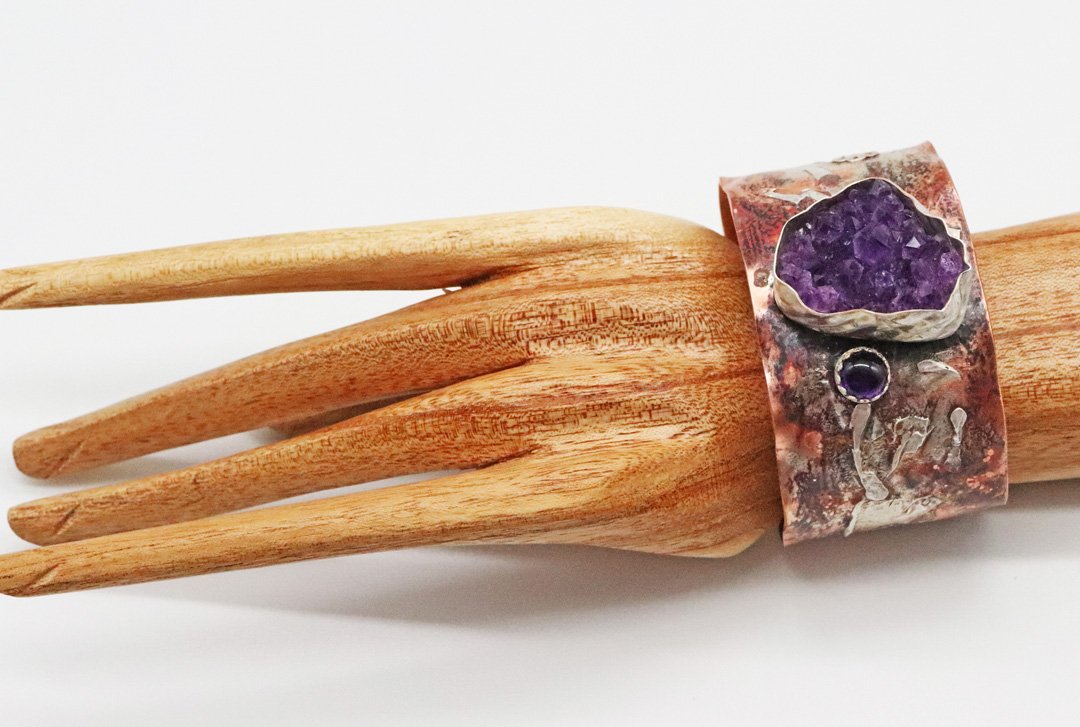 Copper, Sterling and Amethyst Geode Cuff Bracelet