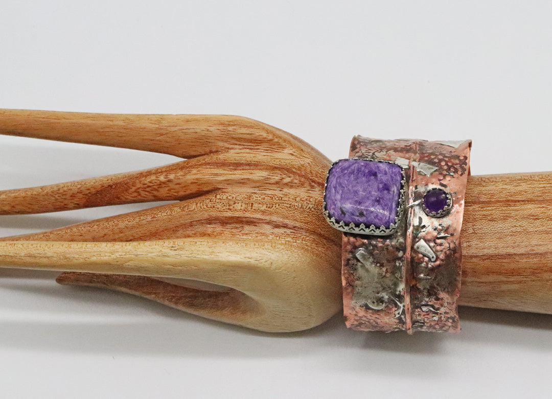 Copper, Sterling, Charoite and Amethyst  Cuff Bracelet