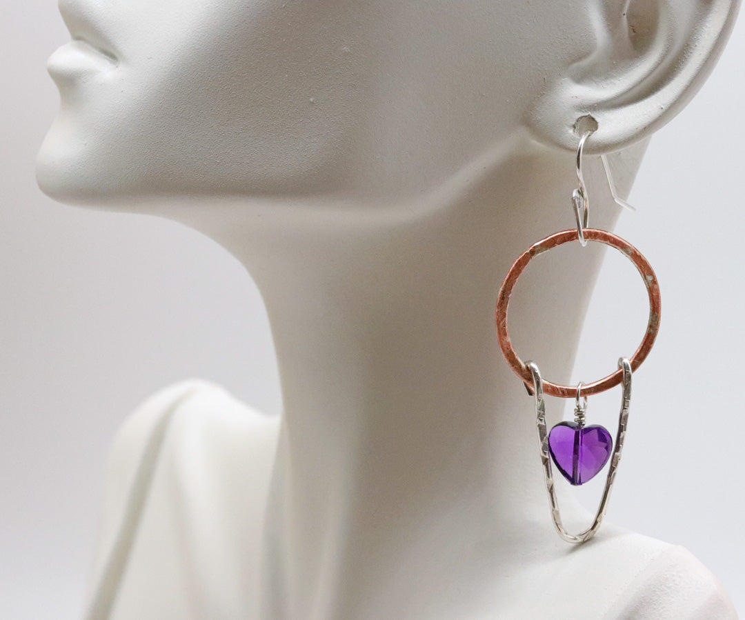 'Good Vibrations' earrings in fine silver, copper and amethyst. 2 1/2" long"