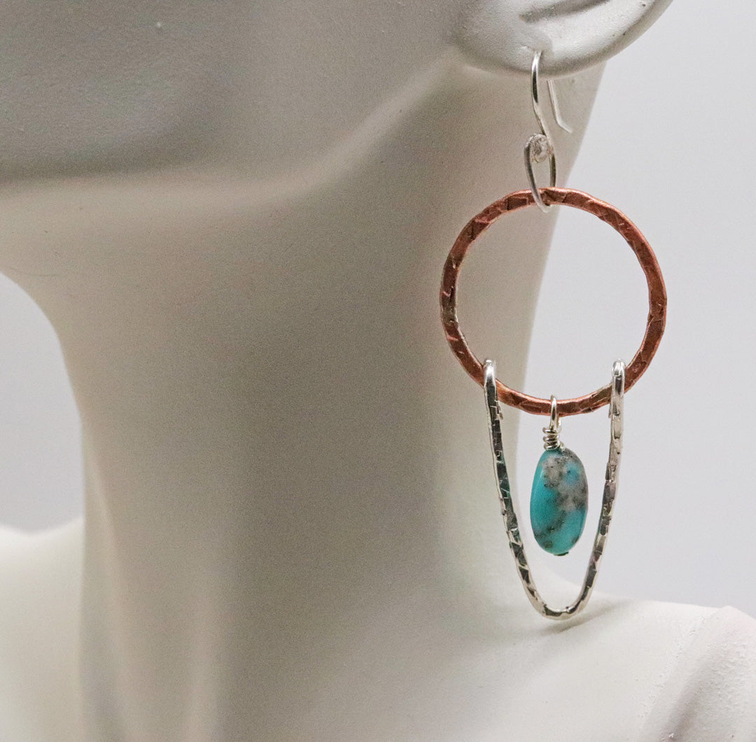 'Good Vibrations' earrings in fine silver, copper and turquoise. 2 1/2" long"