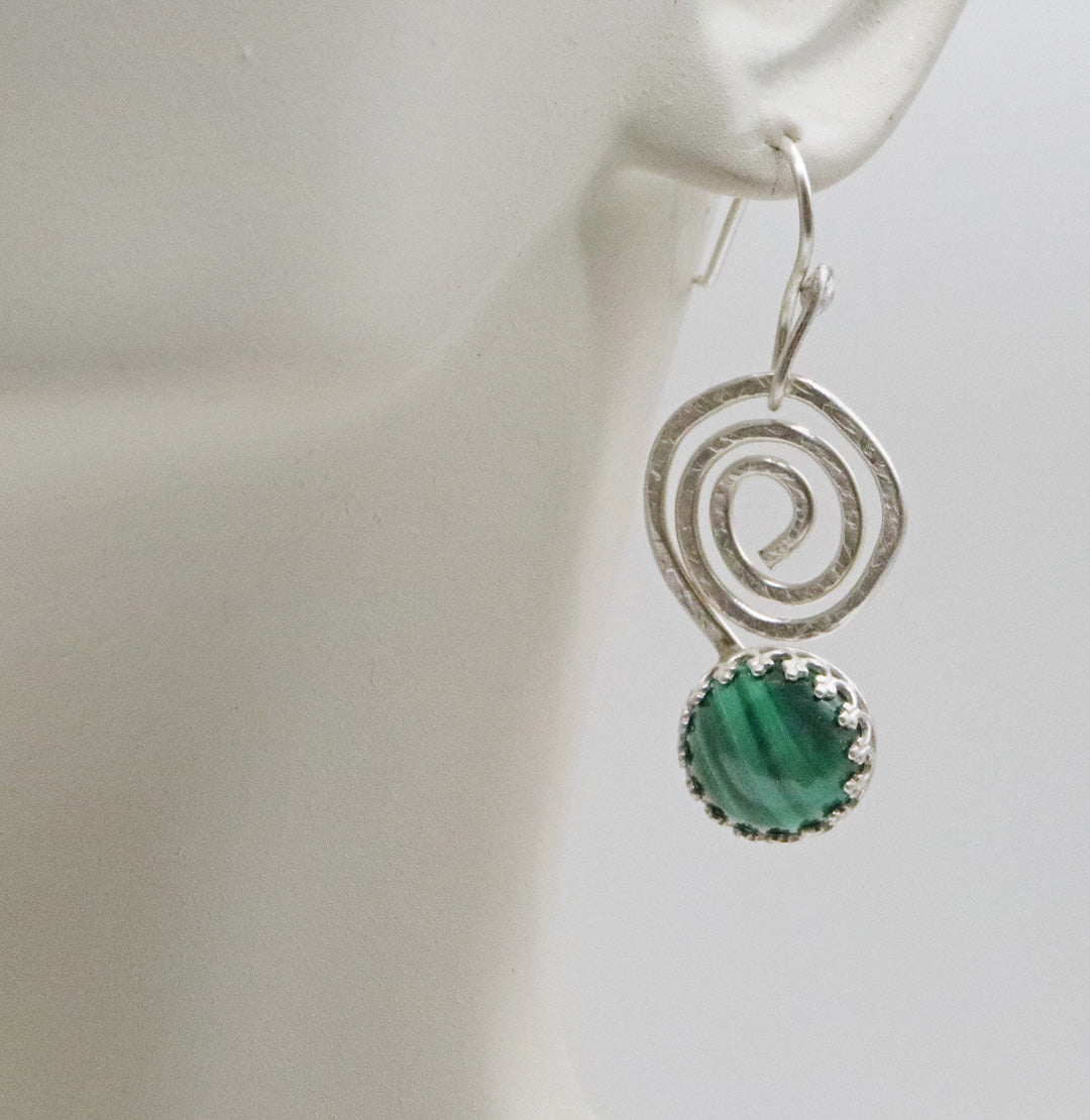 Sterling and Malachite gemstone Earrings. Sacred Spiral Collection