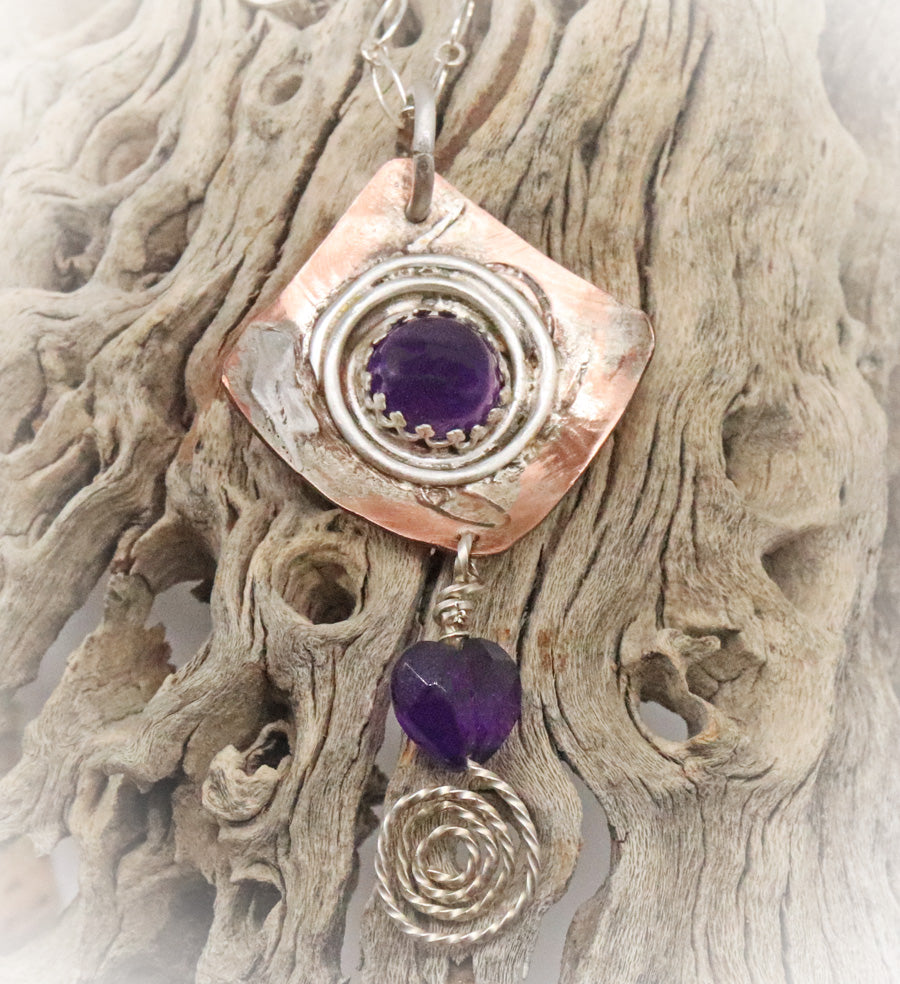 Amethyst, Copper and Sterling Pendant. Sacred Spiral Collection