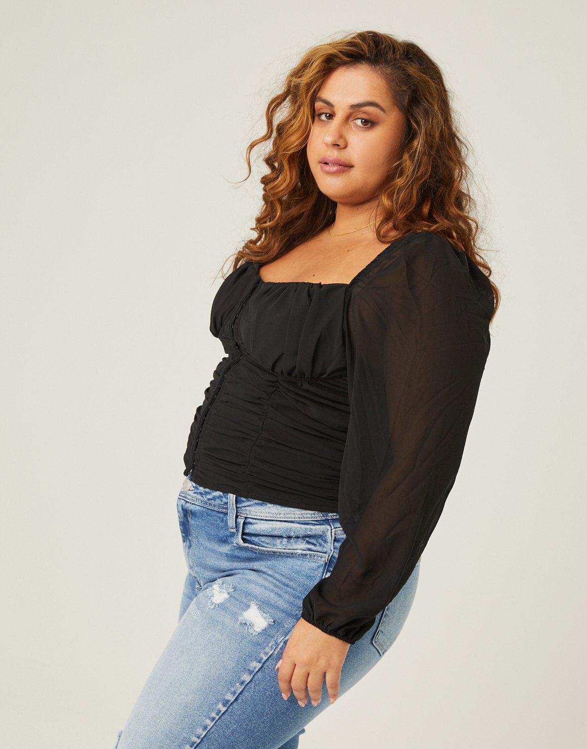 Curve Long Sleeve Mesh Ruched Top
