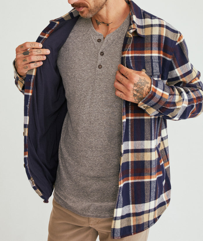 Marine Layer Signature Lined Camping Shirt in Navy / Brown Plaid