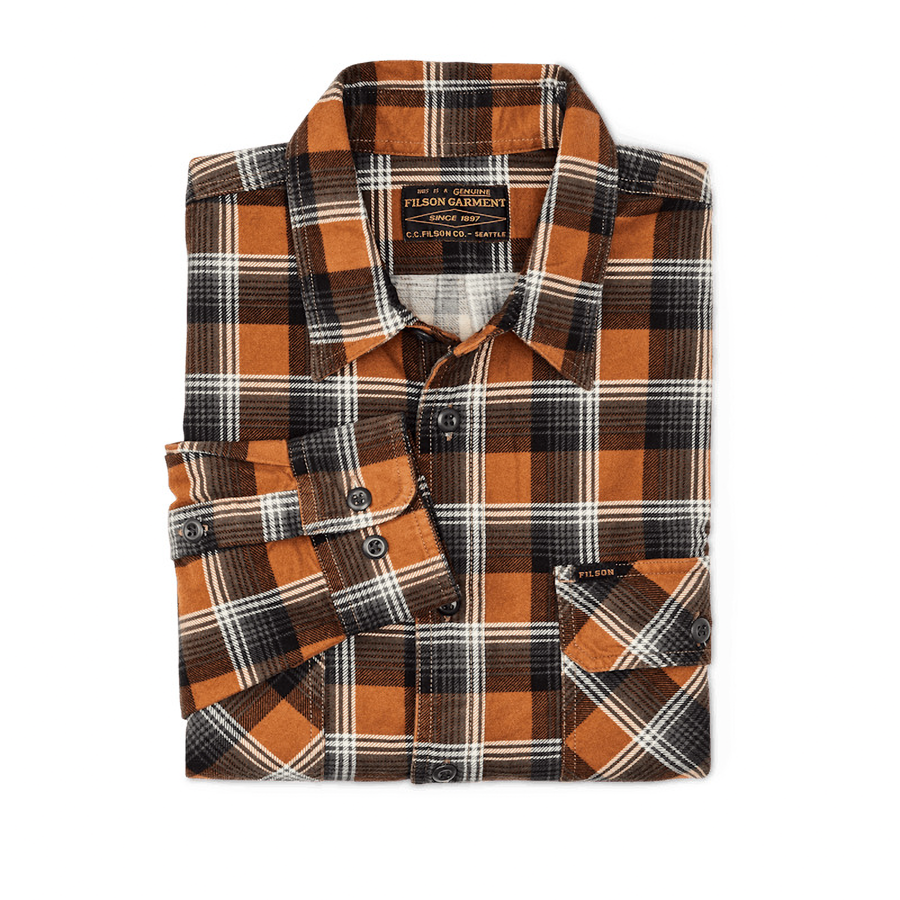 Filson Field Flannel Shirt in Amber Rust Grey Plaid