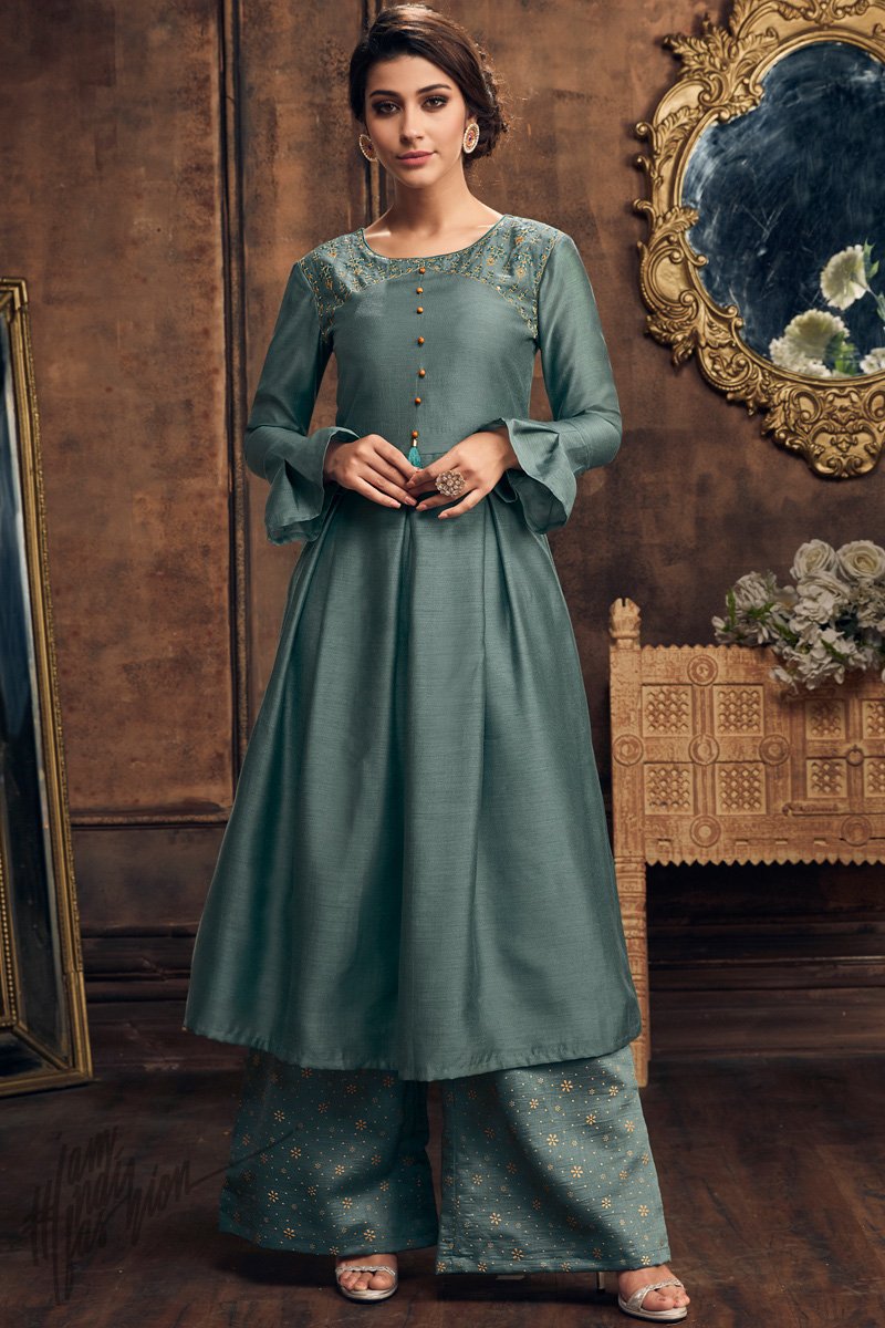 Buy Beetle Green Muga Silk Kurti With Palazzo Pants Online At Indi