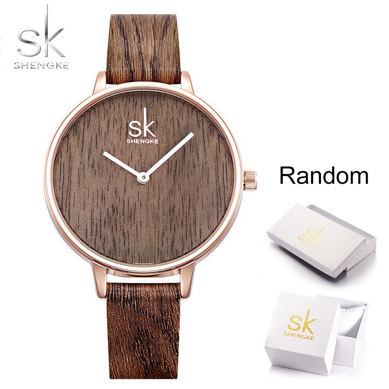 Shengke Simple Design Women Watches Wooden Color Strap Casual Dial Lig Watch Cart