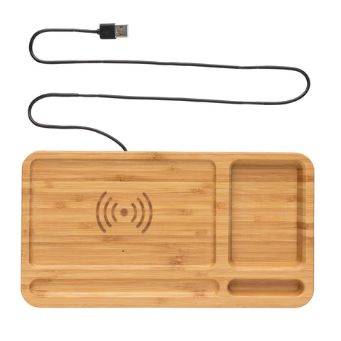 10W wireless fast charger with desk organiser made with RCS (Recycled Claim Standard) certified recycled ABS and FSC® bamboo exterior.